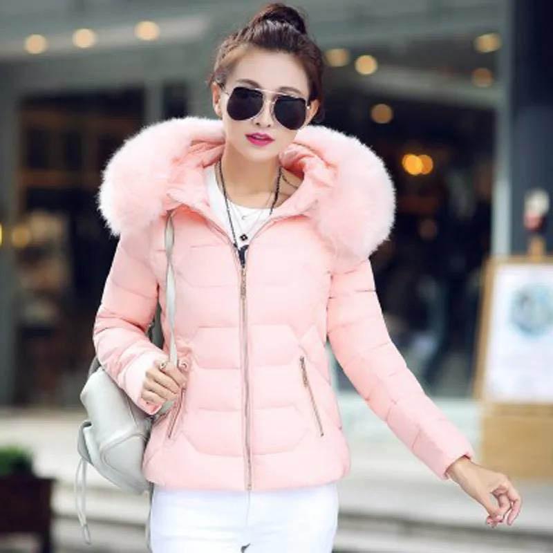 Fall/winter Down Padded Jacket with Large Fur Collar Slim Fit Short Plus Size Hooded Padded Jacket