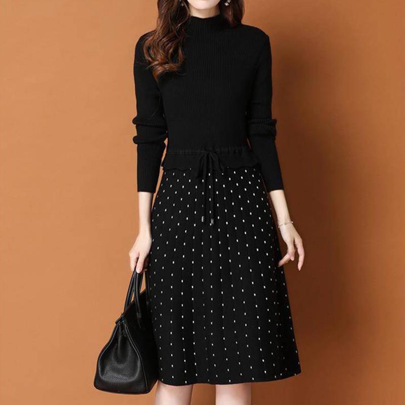 Winter Knit Dress Long Sleeve Slim Fit Polka Dot Sweater Dress Lady Ladies Warm Long Skirt