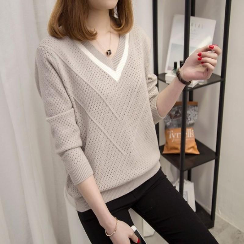 Winter Women Sweater Long Sleeve Solid Color Cutout Casual Pullover Loose V Collar  Ladies Sweater
