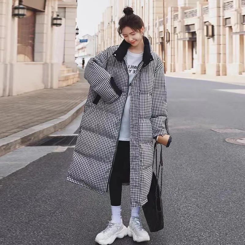 Houndstooth Padded Down Padded Jacket Women's Winter Loose Padded Long Over-the-knee Jacket