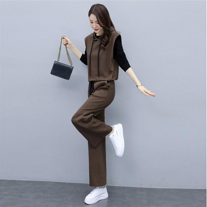 Suit Women's Temperament Is Thin Wide-leg Pants Casual Women's Three-piece Loose Wide-leg Pants + Hooded Sleeveless Waistcoat + Lining