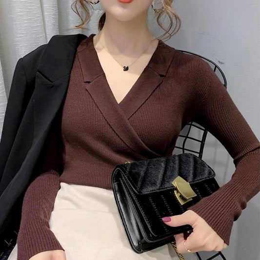 Spring and Autumn V-neck Skin-friendly Sweaters with Western Style Slim Slimming Sweaters, Women's Outer Wear Long-sleeved Sweaters