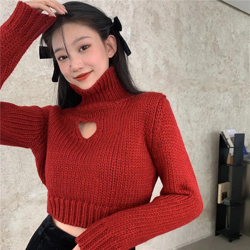 Turtleneck Sweater Women's Autumn Winter Design Sense of Love Hollow Out Slim Slimming Short Knit Sweater Long-sleeved Top