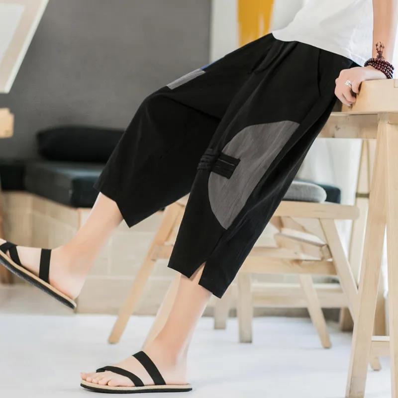 Men's Cropped Trousers Loose Cotton Linen Men's Trousers Summer Thin Casual Pants