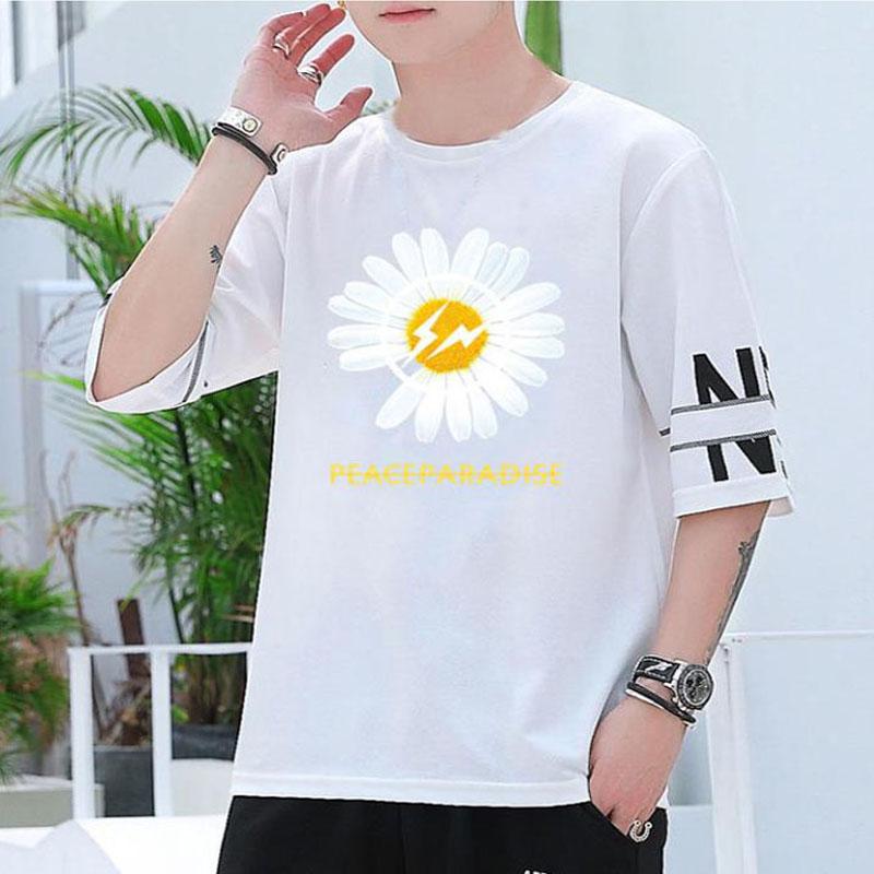 Daisy Print T-shirts Harajuku Hong Kong Trendy Tees Summer O-neck Short Sleeve Casual Shirts Men Clothing Best Seller for Youth