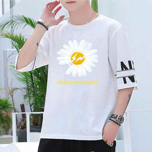 Daisy Print T-shirts Harajuku Hong Kong Trendy Tees Summer O-neck Short Sleeve Casual Shirts Men Clothing Best Seller for Youth