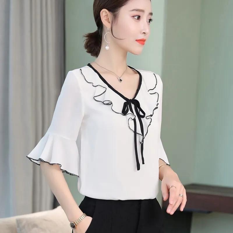 Short -sleeved Chiffon Shirt Female Summer Flared Sleeve Shirt Female