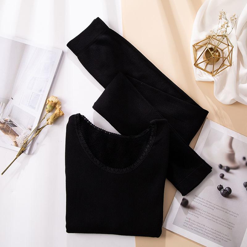 Women Winter Autumn Clothes Thermal Underwear Plus Size O-neck Tops Pants Female Tight Suit Thicken Windproof Soft Lining Long Sleeve High Elasticity