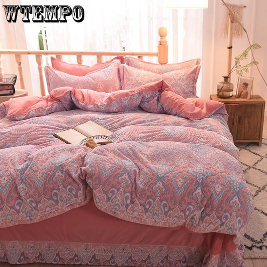 5D Carved Velvet Four-piece Crystal Velvet Warm Quilt Cover Sheets Thick Warm Velvet 4Pcs Set