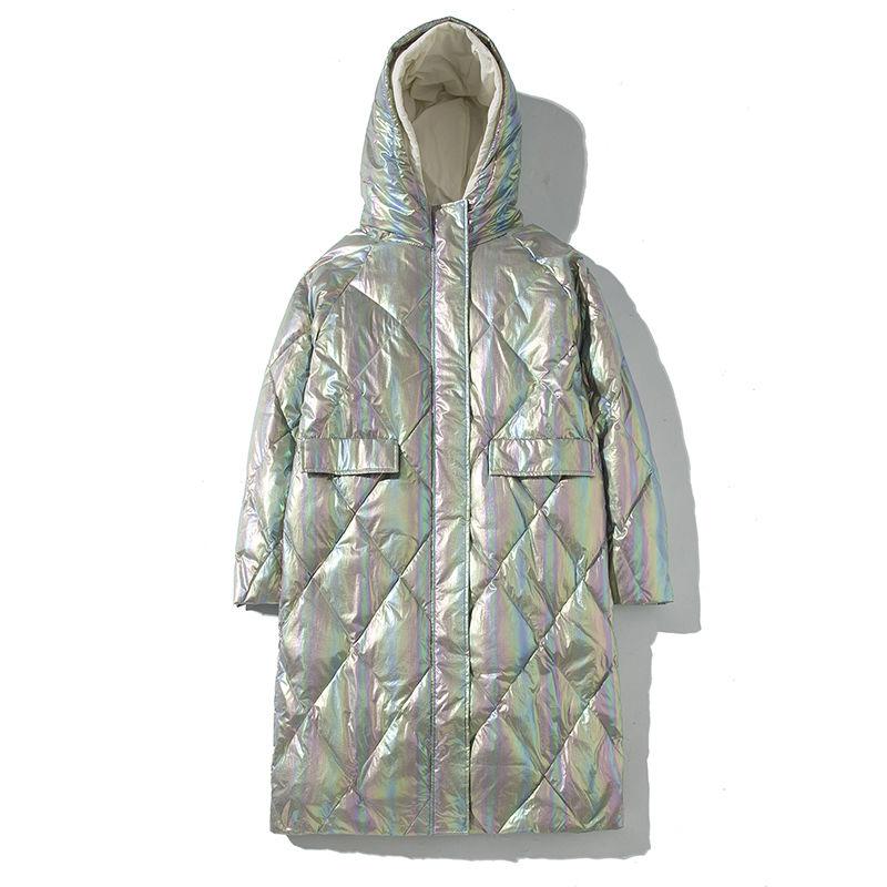 Winter Loose Hooded Thickened Knee-length Coat Shiny Illusion Color Down Jacket Women Mid-length