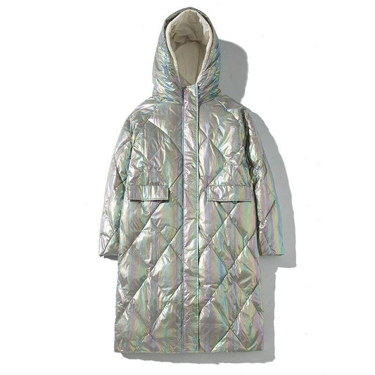 Winter Loose Hooded Thickened Knee-length Coat Shiny Illusion Color Down Jacket Women Mid-length