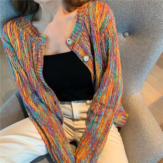 Bohemian Rainbow Colorful Cardigan Sweater Coat Short Top Women Loose Knit Sweater Outer Wear