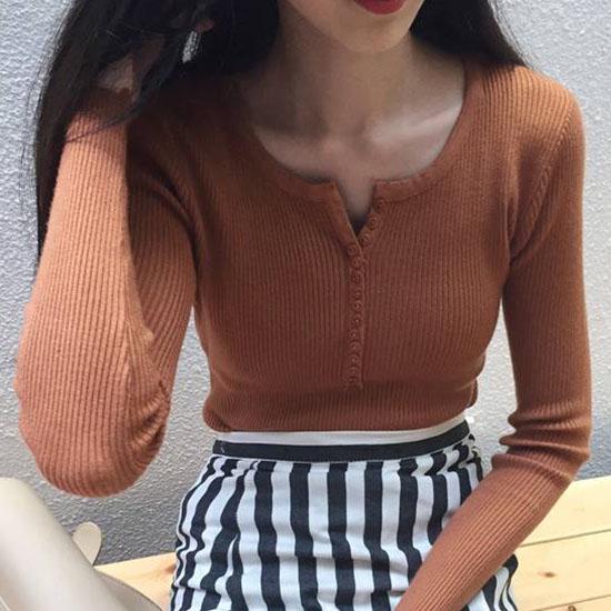 Pofulove Long Sleeve V-neck Pullover Short Button Sweater Women Open Navel Sexy Slim Waist Knitwear