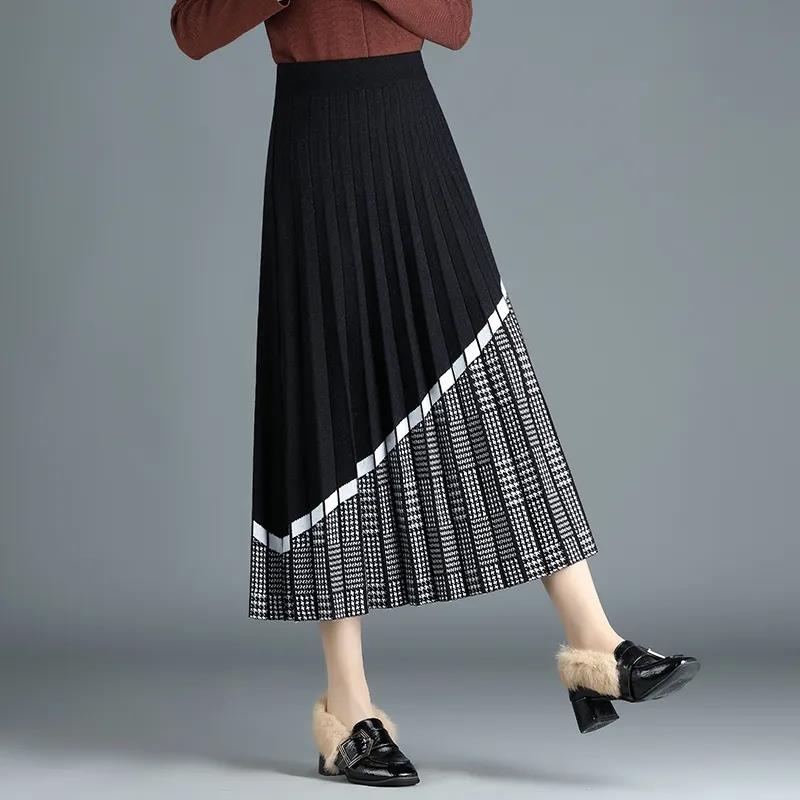 Women's Knitted Skirt Autumn and Winter Thick Retro Knit A-line Skirt High Waist Long Knitted Pleated Skirt Thousand Island Grid Stitching