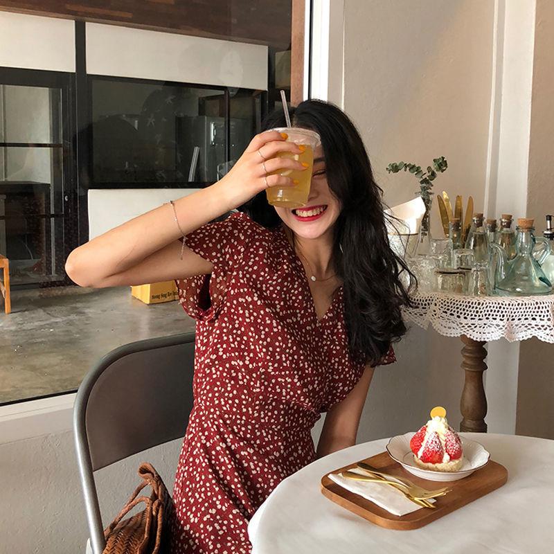 Retro Red Floral Dress Female Spring Summer V-neck Short-sleeved Fashion Waist Mini Skirt Wild Casual Slim