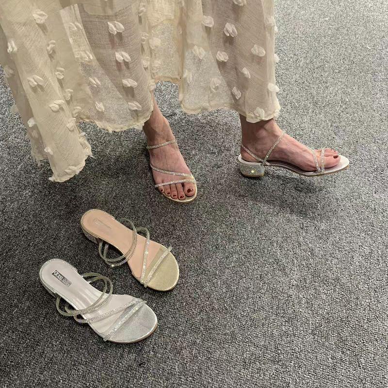 Fashion wild net red rhinestone shoes drag crystal fairy ins thick heel sandals female summer wear