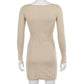 Elegant Square Neck Ribbed Dress Female Knitted Side Split Bodycon Dress Long Sleeve Fashion Mini Dresses Basic