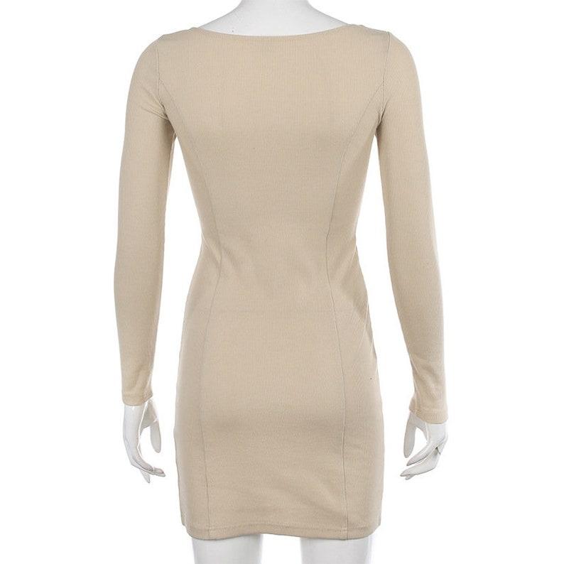 Elegant Square Neck Ribbed Dress Female Knitted Side Split Bodycon Dress Long Sleeve Fashion Mini Dresses Basic
