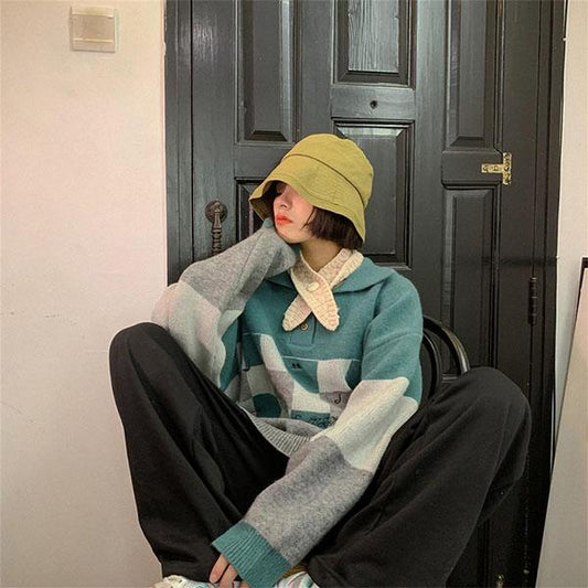 Autumn and Winter Pullover Loose Plaid Sweater Female Student Mid-length College Style Sweater Coat