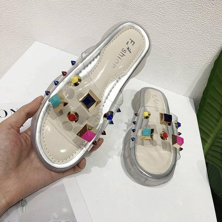 Student shoes ins slippers female crystal sole sports sandals transparent word belt colorful rivets
