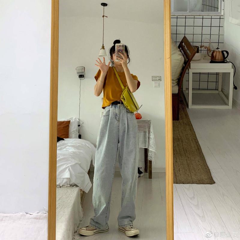 WTEMPO Women's Thin Pants High Waist Straight Mopping Pants Summer High Waist Loose Thin Thin Blue Jeans