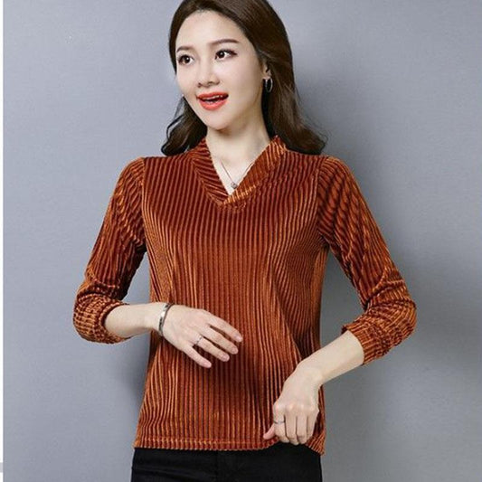 Blouse Women's Long-Sleeved Shirt Loose V-neck Gold Velvet Top Vintage Casual Ladies Top Spring Fall Pullover