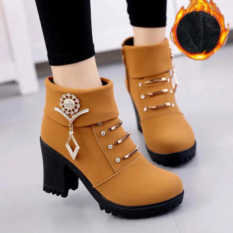 Women Autumn and Winter Short Ankle Boots British Style Solid Color Snow Boots Thick High Heels Martin Boots