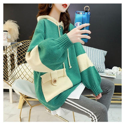 Lazy Style Pullover Sweater Women Loose Loose Outer Wear All-match Jacket Thick Hooded Knitted Coat