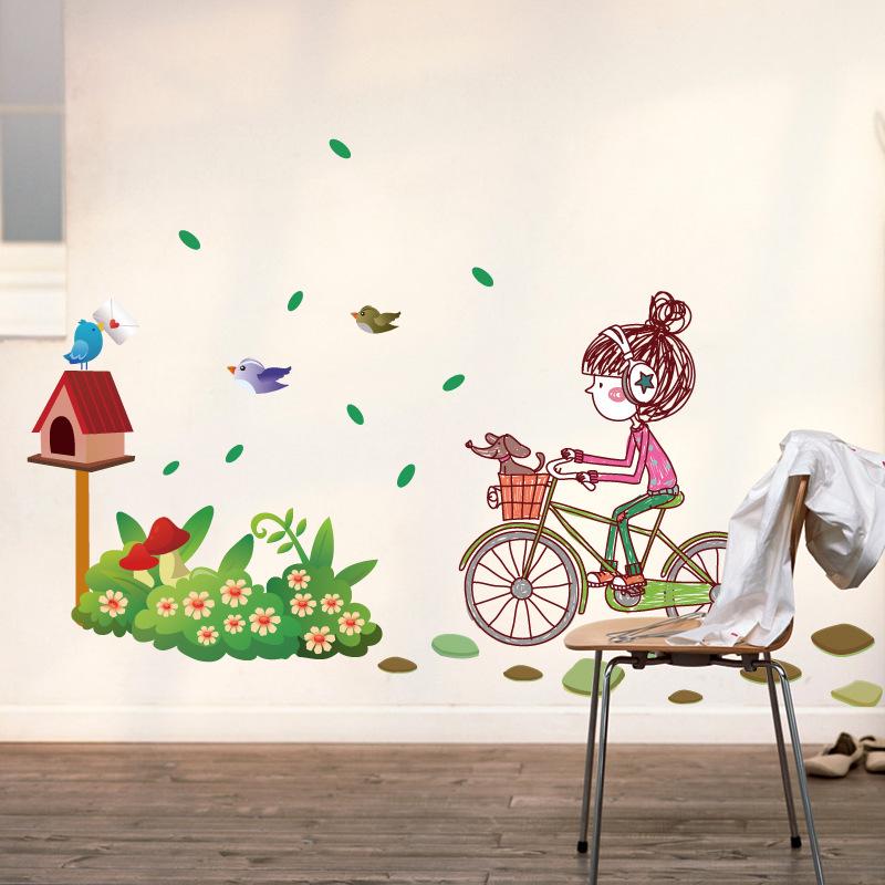 Cartoon girl room decoration wall sticker bicycle girl wall sticker