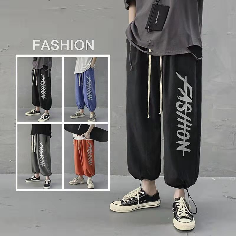 Men's Printed Loose Casual Sports Pants Fashion All-match Drawstring Pants Nine-point Pants