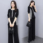Black Spring and Autumn Suit Fitting Temperament Wide Leg Pants Casual Two-piece Round Neck Long Sleeve Shirt + Loose Wide Leg Pants