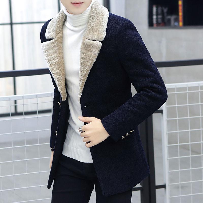 Men's Plus Velvet Thick Coat Autumn and Winter Long Woolen Coat Korean Style Trend Men's Youth Jacket