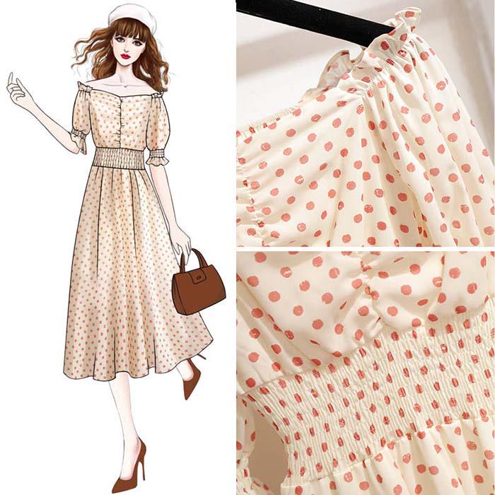 Pofulove Women Polka Dot Off Shoulder Floral Chiffon A-line Dress Thin O-Neck Long Evening Dress