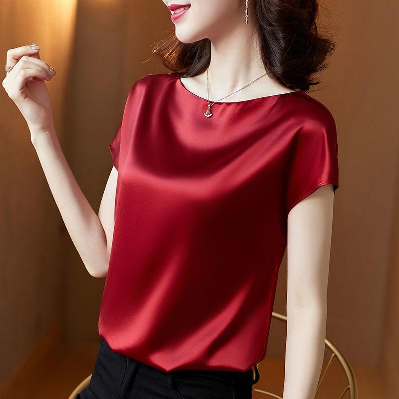Women Satin Blouse High-end Fashion Short Sleeve Silky Temperament T Shirt Casual Tops