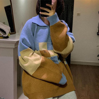 Autumn and Winter Pullover Loose Plaid Sweater Female Student Mid-length College Style Sweater Coat