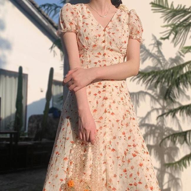 Chiffon Floral Short Sleeve Temperament V-neck Dress Medium Length Women's Summer French Retro Waist Slim Platycodon Skirt