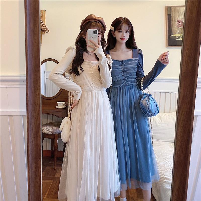 French Dress Korean Style Mid-length Long-sleeved Square Neckline Mesh  Receiving Waist Slim Skirt