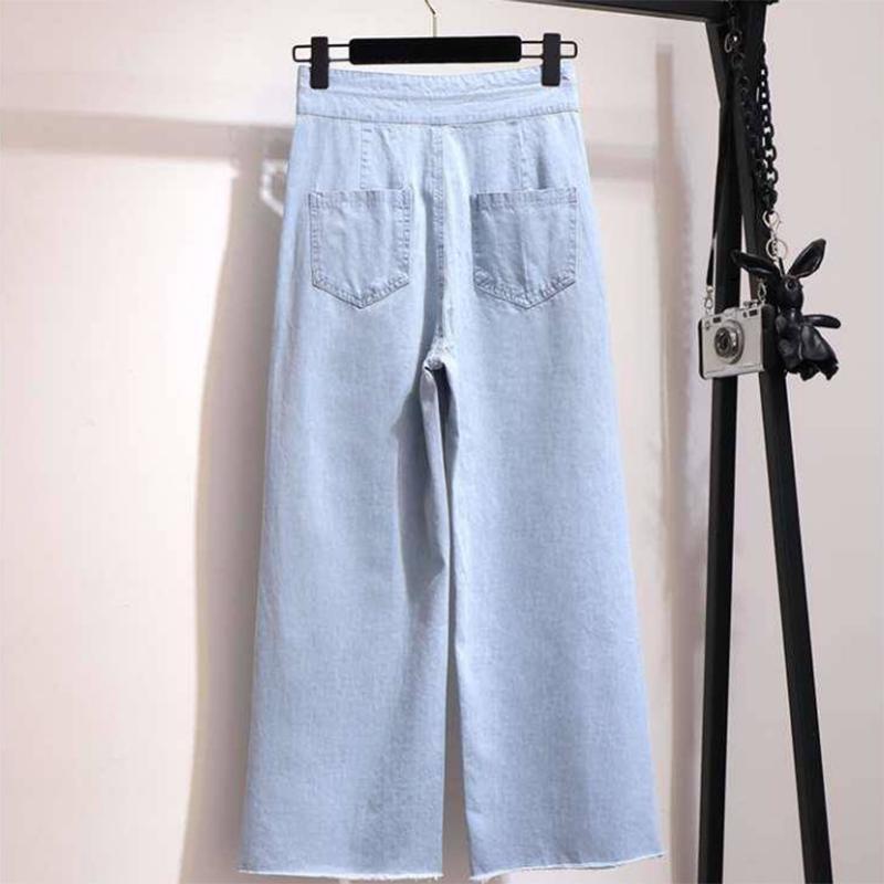 Women Casual Tops Pant 2 Piece Suit Summer Knitted Striped T-shirt Jeans Two-piece