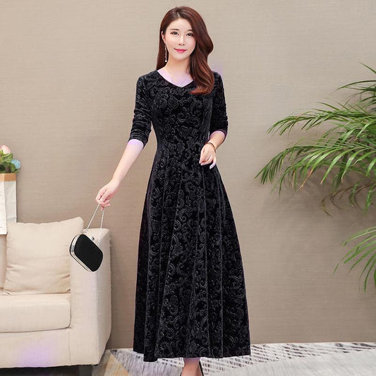 Gold Velvet V-neck Dress Long Skirt Jacquard Long-sleeved Female Temperament Slim Slimming Skirt