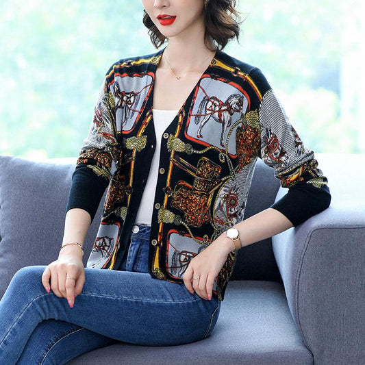 Autumn and Winter New Ladies Cardigan Printed Knit Sweater Fashion V-neck Jacket Cardigan Sweater
