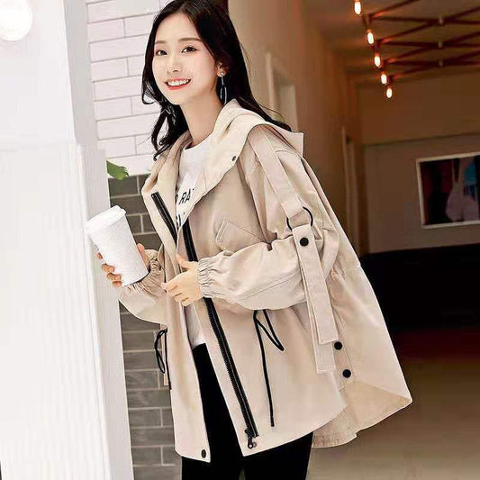 Workwear Windbreaker Women's Mid-length Hooded Loose Jacket with Adjustable Drawstring Women's Warm Short Hooded Jacket