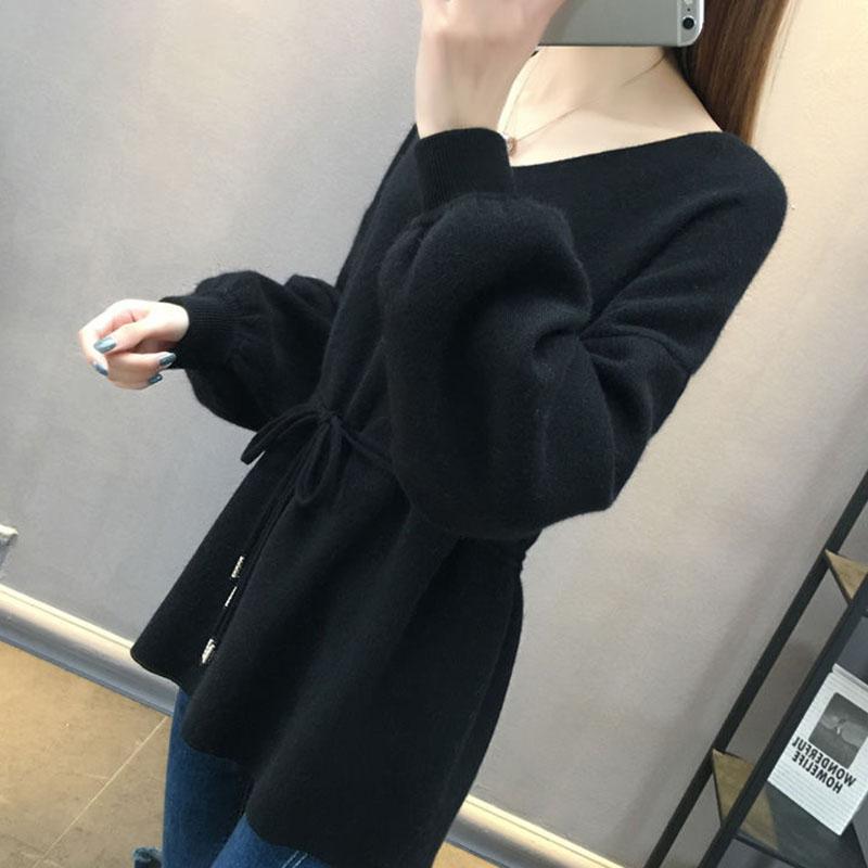 Autumn and Winter Thick Knit Top Loose Mid-length Waist Sweater V-neck Simple Women's Bottoming Shirt