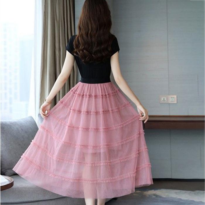 M-XXXL Summer Printing Stitching Polyester Chiffon Laced Bow Neckline Round Elastic Waist Mid-calf A-line Dress