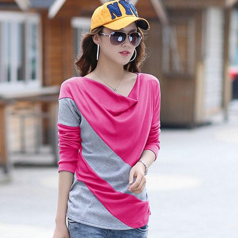 Splicing Cotton T-Shirt Autumn Women O-Neck Loose Simple Purple Tshirt Long Sleeve Ladies Cozy Top Pullover