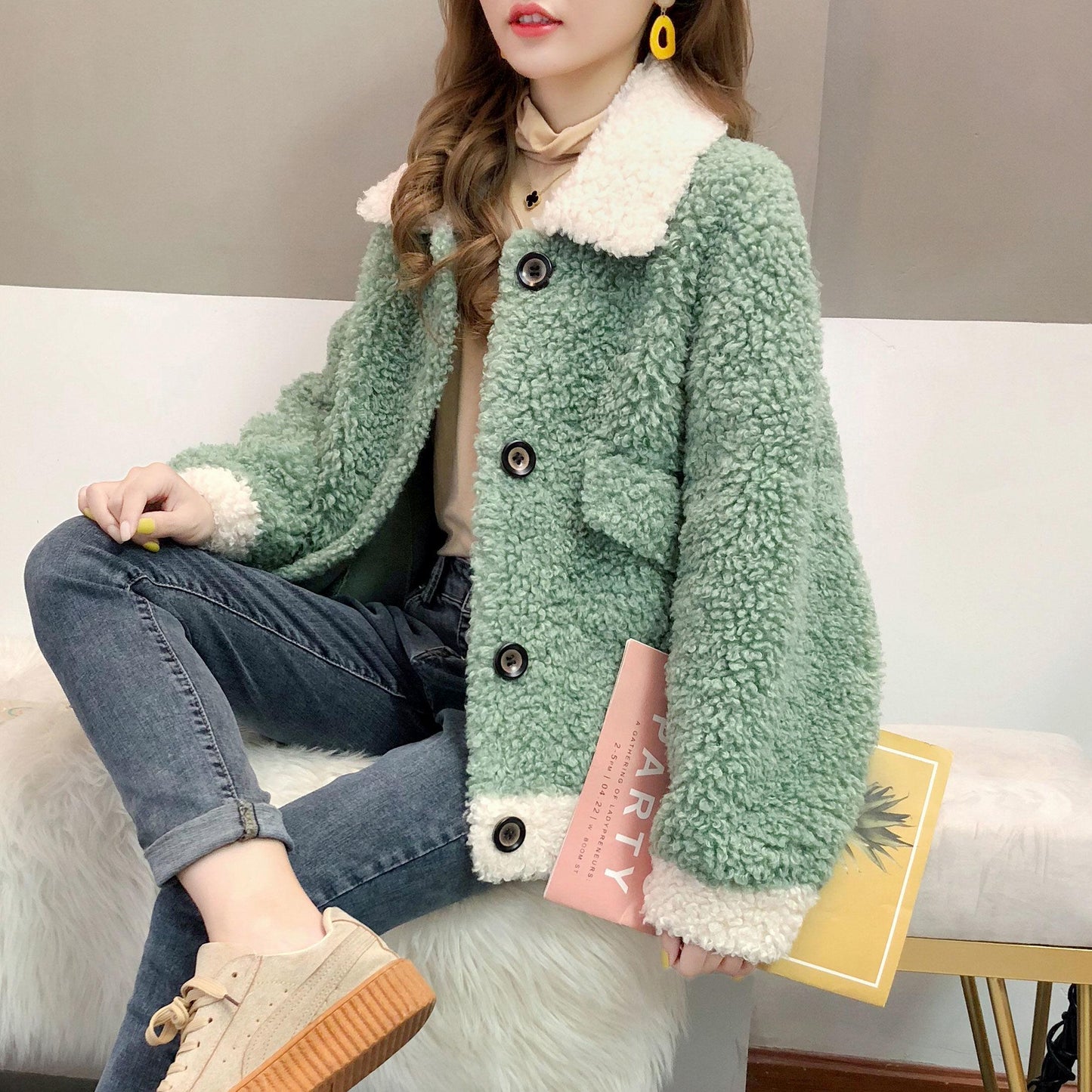 Loose coat autumn and winter sheep shearing coat women fur short section fur one lamb wool