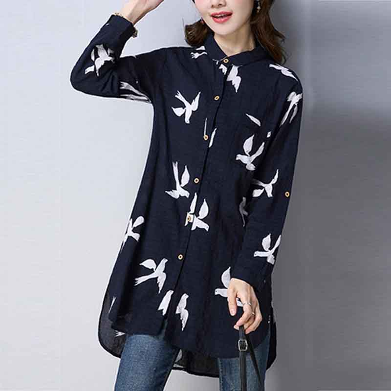 Cotton Vintage Dove Print Mid Length Plus Size Loose Shirt Casual Plus Size Long Top