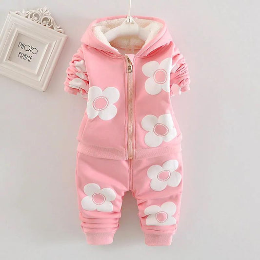 Children's Plus Velvet Thick Solid Color Flower Fashion Suit Girl Baby Autumn and Winter Children's Hooded Suit Cotton Coat