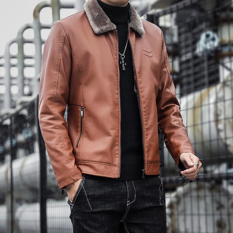 Young and Middle-aged Men's Leather Jacket Winter Fashion Fur One Leather Jacket Plus Velvet Thickening Warm Lapel Men's Leather Jacket