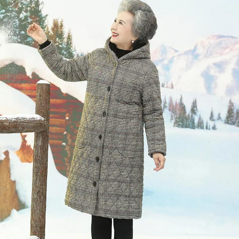 Middle-aged and Elderly Women's Grandmother Winter Padded Jacket Mid-length Plus Velvet Thickening Elderly Mother's Coat