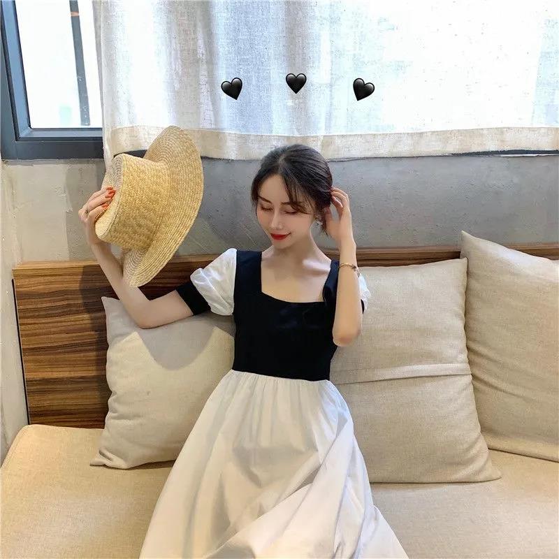 Women Summer Vintage Elegant Short Sleeve Square Neck Black White Patchwork Slim Long Pleated Dress